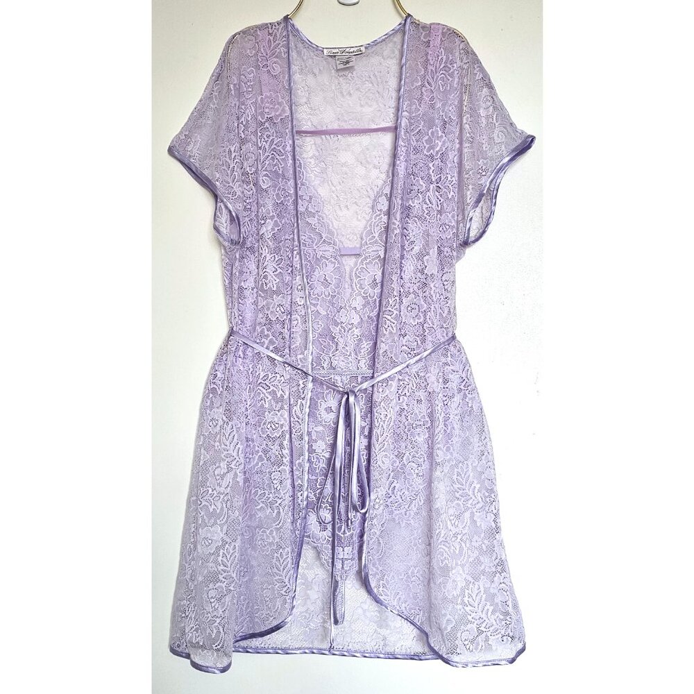 NWT! 2PC Set Linea Donatella Delicate Lace Teddy Short Wrap Robe Lingerie Lilac
